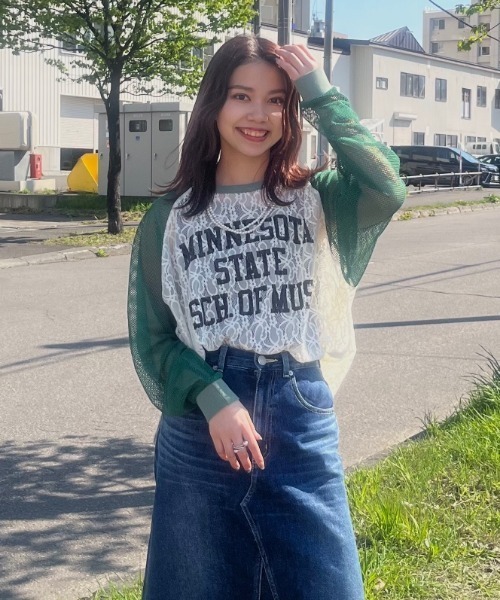 RODEO CROWNS WIDE BOWL（ロデオクラウンズワイドボウル）の「レースドッキングラグランシアートップス（Tシャツ/カットソー・レディース・ライトピンク/ダークグリーン/ネイビー・FREE）」の2枚目の写真