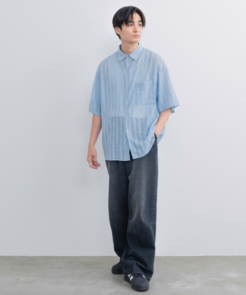 neau シアーハーフスリーブシャツ　ブルー AZUL BY MOUSSY | ワイドスリーブ五分袖シアーシャツ (シャツ