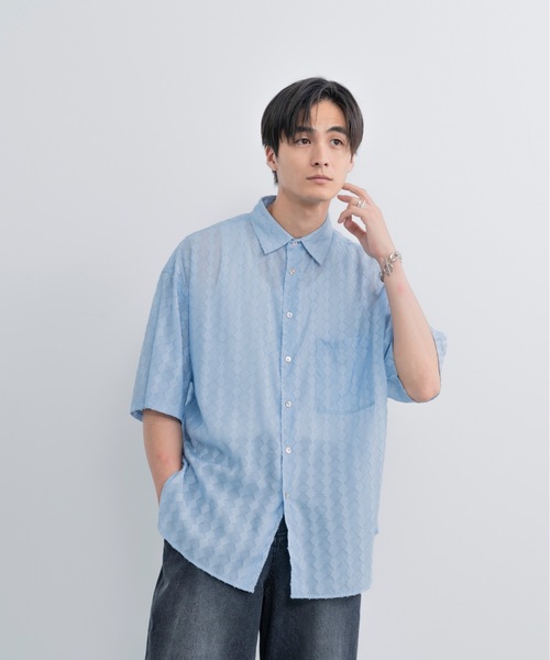 neau シアーハーフスリーブシャツ　ブルー 新作ウエア neau トップス ブルー シアーハーフスリーブシャツ