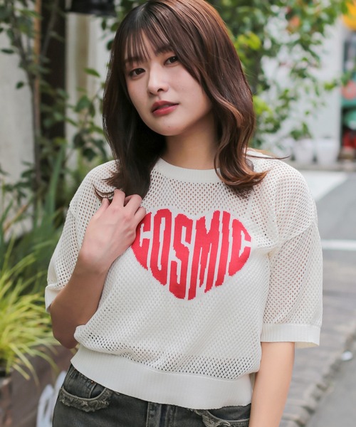 SPINNS（スピンズ）の「ハートロゴ 半袖ショート丈透かし編みメッシュ