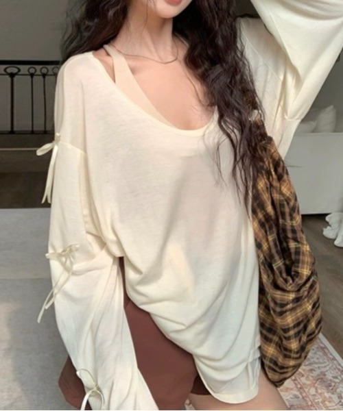 LADY LIKE(レディライク)の「袖リボン付きゆったりトップス(Tシャツ/カットソー・レディース・ホワイト/グレイッシュベージュ/アイボリー・M)」の16枚目の写真