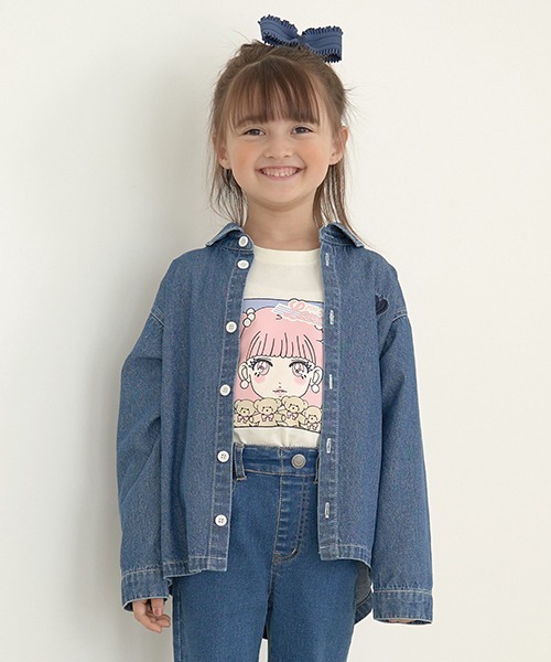 Lycee mine(リセマイン)の「【やわらかデニム】ハート刺しゅうシャツ(シャツ/ブラウス・キッズ・ブルー/サックスブルー・100cm/110cm/120cm/130cm/150cm/140cm)」の1枚目の写真