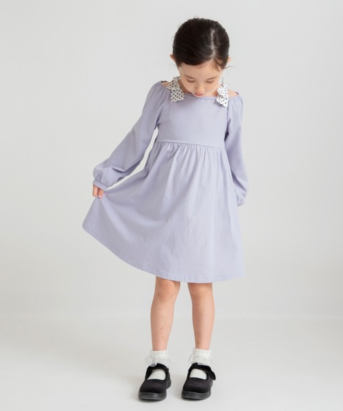 BRANSHES（ブランシェス）の「肩リボンカットソーワンピース（ワンピース・キッズ・アイボリー/ラベンダー・110/120/100/130/90/140/150）」の2枚目の写真