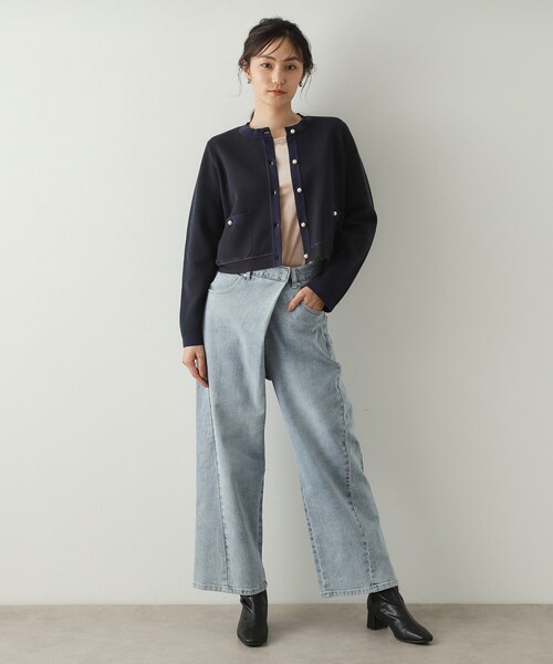 OPAQUE.CLIP（オペークドットクリップ）の「◆パール調ボタン配色ニットカーディガン【洗濯機洗い可】（カーディガン/ボレロ・レディース・ネイビー系4/ホワイト系7・38/40）」の9枚目の写真