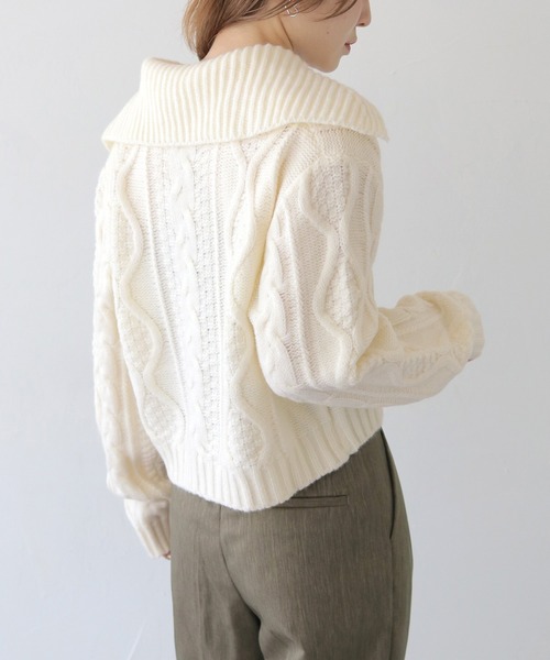 HER CLOSET(ハークローゼット)の「 【HER CLOSET】ビッグカラーケーブルニットカーディガン BIG COLLAR CABLE KNIT CARDIGAN(カーディガン/ボレロ・レディース・オフホワイト/アイボリー/ブラック・M)」の8枚目の写真
