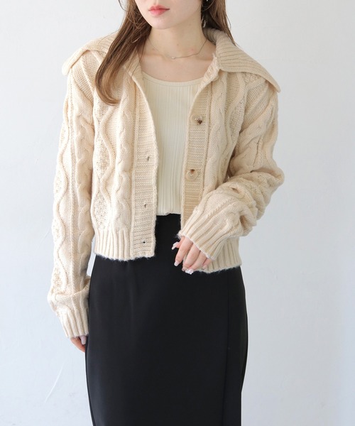 HER CLOSET(ハークローゼット)の「 【HER CLOSET】ビッグカラーケーブルニットカーディガン BIG COLLAR CABLE KNIT CARDIGAN(カーディガン/ボレロ・レディース・オフホワイト/アイボリー/ブラック・M)」の13枚目の写真