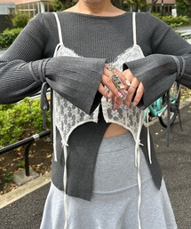 リブ袖リボンぐるぐる巻きTOPS