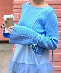 リブ袖リボンぐるぐる巻きTOPS