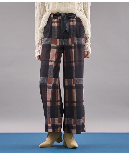 セール】ITALY チェック柄 リボンベルト付 フレアパンツ（その他パンツ