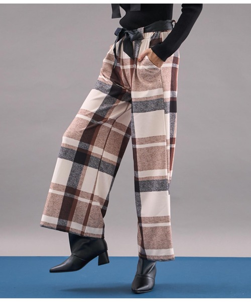 【セール】ITALY チェック柄 リボンベルト付 フレアパンツ（その他パンツ）｜Settimissimo（セッティミッシモ）