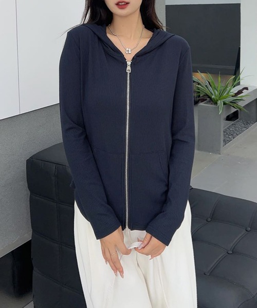 aimoha（アイモハ）の「リブジップアップパーカー（パーカー・レディース・ベージュ/ネイビー/ホワイト/ブラック/グレー・FREE）」の5枚目の写真