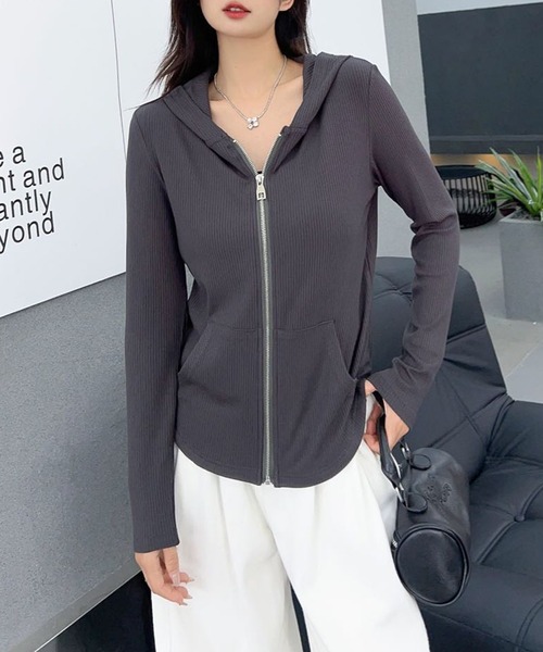 aimoha（アイモハ）の「リブジップアップパーカー（パーカー・レディース・ベージュ/ネイビー/ホワイト/ブラック/グレー・FREE）」の7枚目の写真