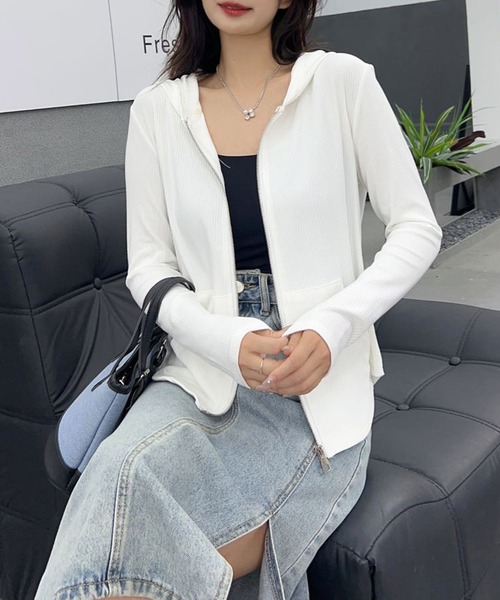 aimoha（アイモハ）の「リブジップアップパーカー（パーカー・レディース・ベージュ/ネイビー/ホワイト/ブラック/グレー・FREE）」の8枚目の写真