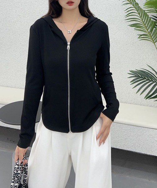 aimoha（アイモハ）の「リブジップアップパーカー（パーカー・レディース・ベージュ/ネイビー/ホワイト/ブラック/グレー・FREE）」の9枚目の写真