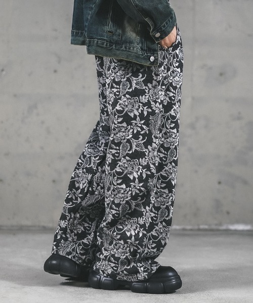 セール】Flower pattern 2 tuck wide pants / フラワーパターン2タック