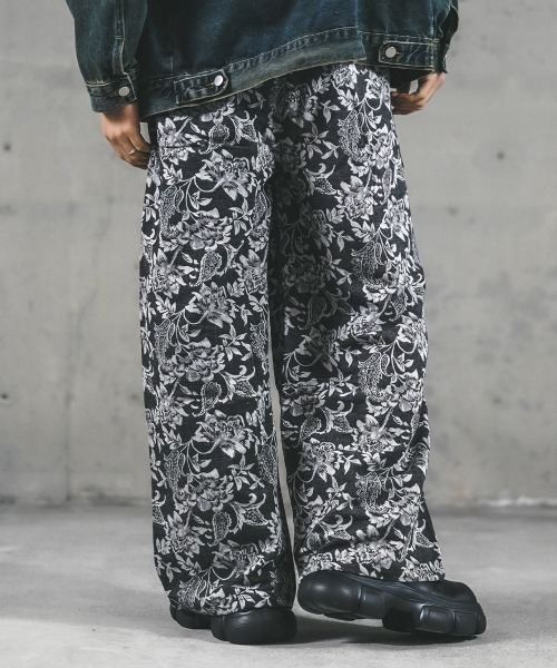 セール】Flower pattern 2 tuck wide pants / フラワーパターン2タック