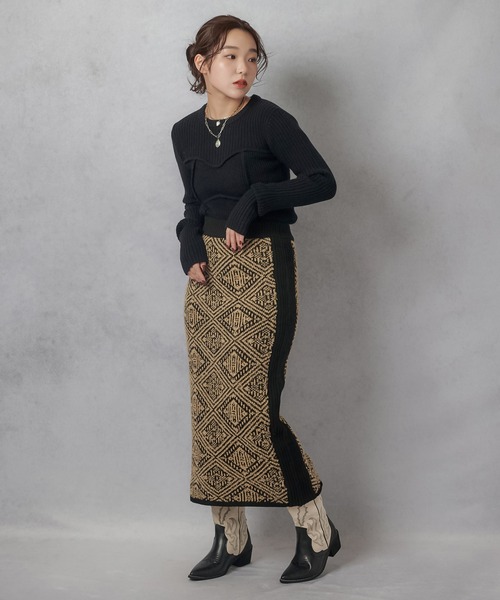 Lull（ルル）の「【Lull / ルル】セットアップ対応 / ジオメトリックニットタイトスカート（スカート・レディース・グレー/ベージュ・ONESIZE）」の12枚目の写真