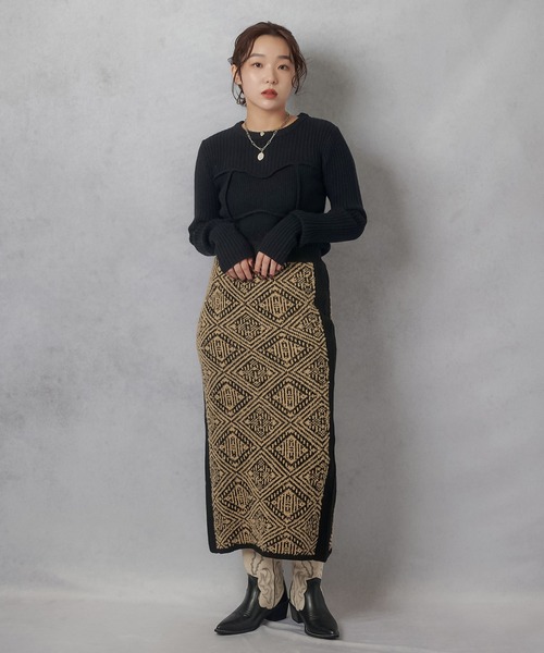 Lull（ルル）の「【Lull / ルル】セットアップ対応 / ジオメトリックニットタイトスカート（スカート・レディース・グレー/ベージュ・ONESIZE）」の13枚目の写真