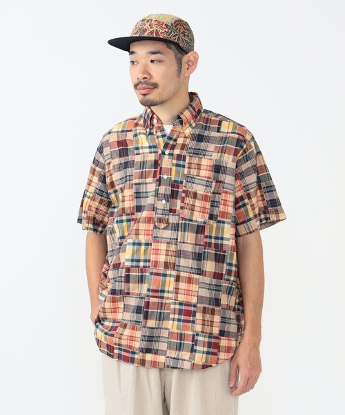 未使用　ビームスボーイ　パッチワーク　マドラス　バンドカラー　シャツ　ブラウス 未使用 ビームスボーイ パッチワーク マドラス バンドカラー