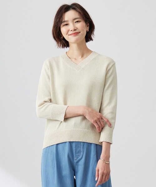 J.PRESS(ジェイプレス)の「【洗える】GIMA COTTON ミックスカラー Vネック ニット(ニット/セーター・レディース・イエロー系3/ライトグリーン系3/グレー系3・LARGE/MEDIUM)」の1枚目の写真