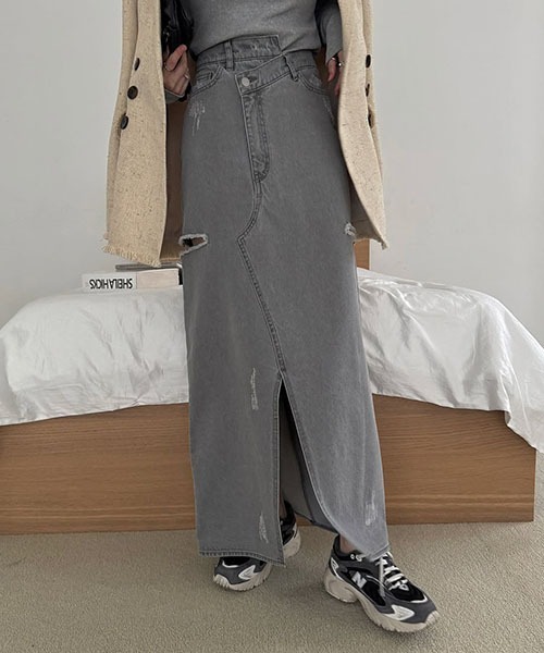 WILLFULLY（ウィルフリー）の「back bi color patchwork remake denim SK（デニムスカート・レディース・グレー/ベージュ・M/S）」の5枚目の写真