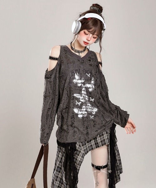 VIBGYOR(ヴィブジョー)の「【EIZZ/アイズ】パンク デザイン ビッグ Tシャツ(Tシャツ/カットソー・レディース・グレー/アイボリー・FREE)」の1枚目の写真