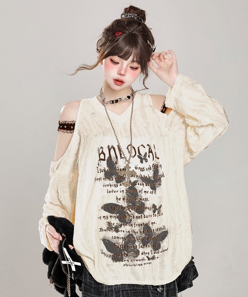 VIBGYOR(ヴィブジョー)の「【EIZZ/アイズ】パンク デザイン ビッグ Tシャツ(Tシャツ/カットソー・レディース・グレー/アイボリー・FREE)」の3枚目の写真