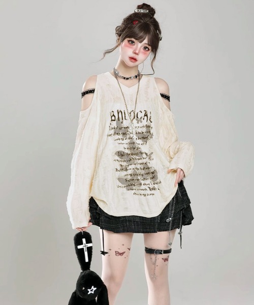 VIBGYOR(ヴィブジョー)の「【EIZZ/アイズ】パンク デザイン ビッグ Tシャツ(Tシャツ/カットソー・レディース・グレー/アイボリー・FREE)」の6枚目の写真