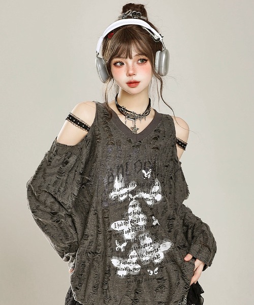 VIBGYOR(ヴィブジョー)の「【EIZZ/アイズ】パンク デザイン ビッグ Tシャツ(Tシャツ/カットソー・レディース・グレー/アイボリー・FREE)」の7枚目の写真