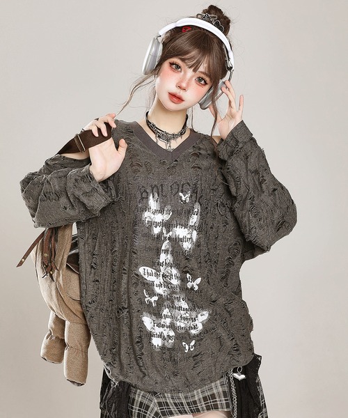 VIBGYOR(ヴィブジョー)の「【EIZZ/アイズ】パンク デザイン ビッグ Tシャツ(Tシャツ/カットソー・レディース・グレー/アイボリー・FREE)」の8枚目の写真