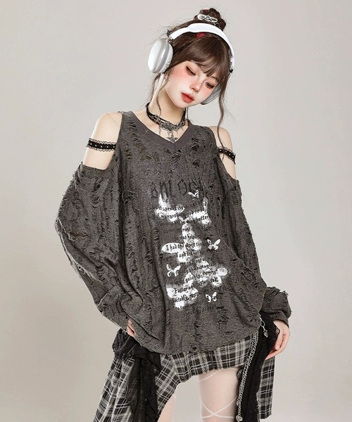 VIBGYOR(ヴィブジョー)の「【EIZZ/アイズ】パンク デザイン ビッグ Tシャツ(Tシャツ/カットソー・レディース・グレー/アイボリー・FREE)」の9枚目の写真