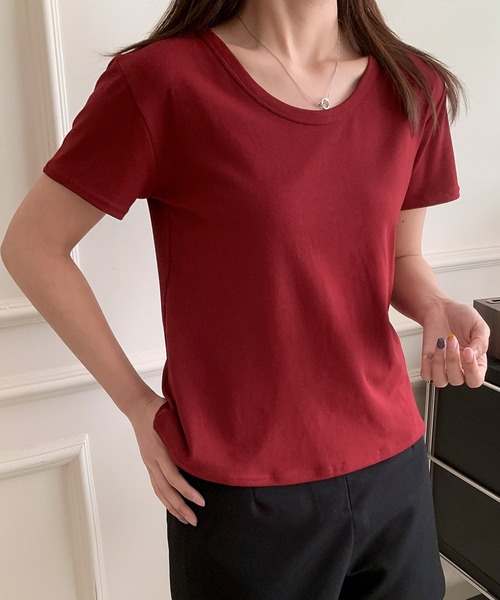 LOWO(ロワ)の「シンプルUネックTシャツ カットソー(Tシャツ/カットソー・レディース・ホワイト/ピンク/ブラック/カーキ/モカ/マスタード/ブラウン/レッド/ブルー・FREE)」の9枚目の写真