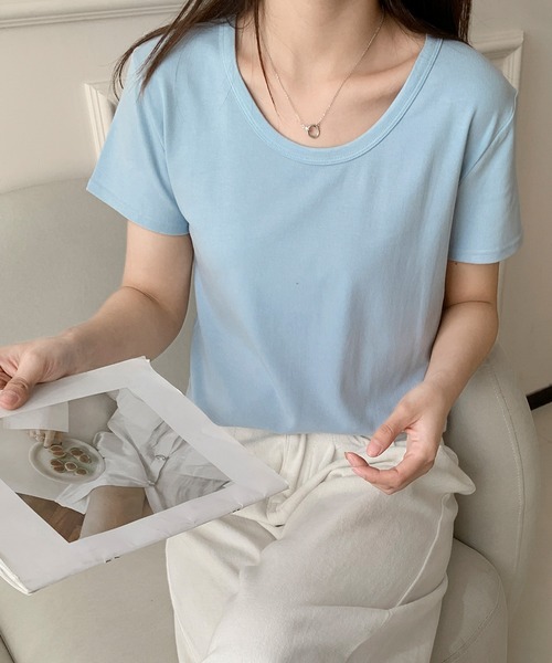 LOWO(ロワ)の「シンプルUネックTシャツ カットソー(Tシャツ/カットソー・レディース・ホワイト/ピンク/ブラック/カーキ/モカ/マスタード/ブラウン/レッド/ブルー・FREE)」の19枚目の写真