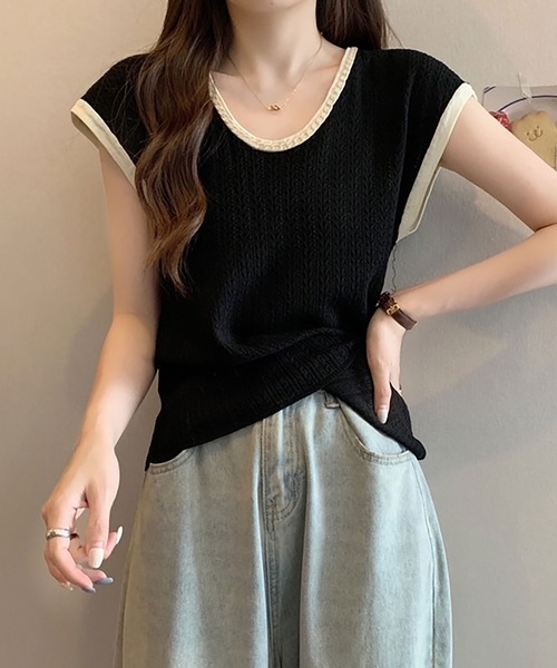 NinaetLina(ニナエリナ)の「ニットTシャツフレンチスリーブ(Tシャツ/カットソー・レディース・ブラック×ホワイト/ブラック/ホワイト/ピンク/ベージュ・FREE)」の3枚目の写真