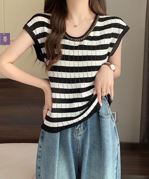NinaetLina(ニナエリナ)の「ニットTシャツフレンチスリーブ(Tシャツ/カットソー・レディース・ブラック×ホワイト/ブラック/ホワイト/ピンク/ベージュ・FREE)」の9枚目の写真