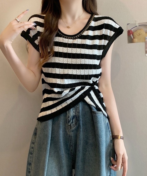 NinaetLina(ニナエリナ)の「ニットTシャツフレンチスリーブ(Tシャツ/カットソー・レディース・ブラック×ホワイト/ブラック/ホワイト/ピンク/ベージュ・FREE)」の10枚目の写真