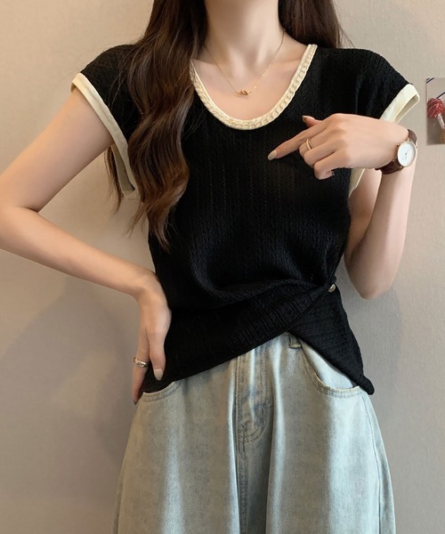 NinaetLina(ニナエリナ)の「ニットTシャツフレンチスリーブ(Tシャツ/カットソー・レディース・ブラック×ホワイト/ブラック/ホワイト/ピンク/ベージュ・FREE)」の11枚目の写真
