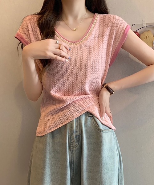 NinaetLina(ニナエリナ)の「ニットTシャツフレンチスリーブ(Tシャツ/カットソー・レディース・ブラック×ホワイト/ブラック/ホワイト/ピンク/ベージュ・FREE)」の12枚目の写真