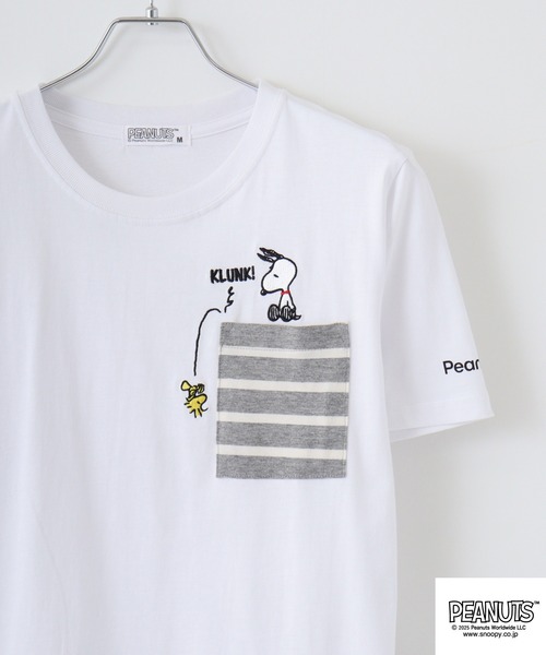 セール】PEANUTS 刺繍ボーダーポケット付き天竺半袖Tシャツ（T