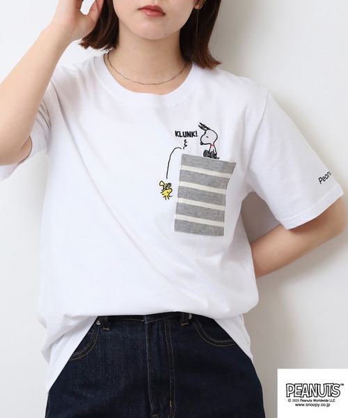 TAR ボーナス Tシャツ セール】PEANUTS 刺繍ボーダーポケット付き天竺半袖Tシャツ（T