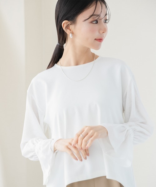 Petitjo（プッチージョ）の「小さいサイズ　透け袖ポンチプルオーバー　低身長さん・小柄女性（Tシャツ/カットソー・レディース・ホワイト・PS/PM）」の2枚目の写真