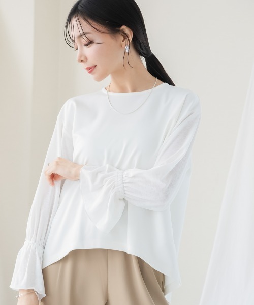 Petitjo（プッチージョ）の「小さいサイズ　透け袖ポンチプルオーバー　低身長さん・小柄女性（Tシャツ/カットソー・レディース・ホワイト・PS/PM）」の4枚目の写真