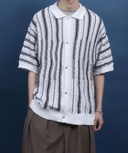 ANPAS(アンパス)の「Retro Design 3D Jacquard Short Sleeve Knit Shirt/レトロデザイン ジャガード 透かし編み ボタンニットシャツ メンズ レディース 半袖(シャツ/ブラウス・メンズ・ホワイト/ブラック・M/L)」の1枚目の写真