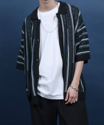Retro Design 3D Jacquard Short Sleeve Knit Shirt/レトロデザイン ジャガード 透かし編み ボタンニットシャツ メンズ レディース 半袖