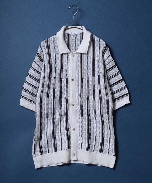 ANPAS(アンパス)の「Retro Design 3D Jacquard Short Sleeve Knit Shirt/レトロデザイン ジャガード 透かし編み ボタンニットシャツ メンズ レディース 半袖(シャツ/ブラウス・メンズ・ホワイト/ブラック・M/L)」の5枚目の写真