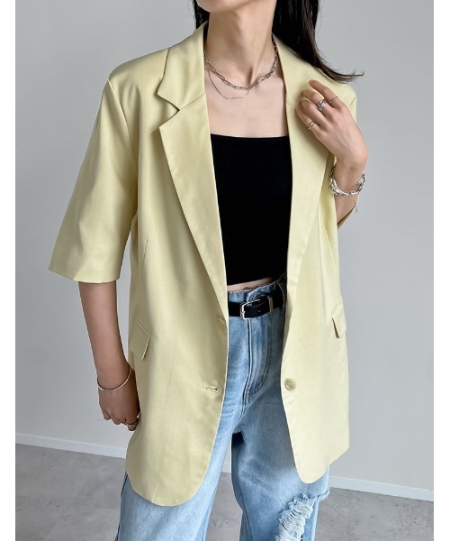 リネンライク半袖ダブルジャケット テーラードジャケット エクリュ ESICA 即納】リネンライク半袖ダブルジャケット – ESICA