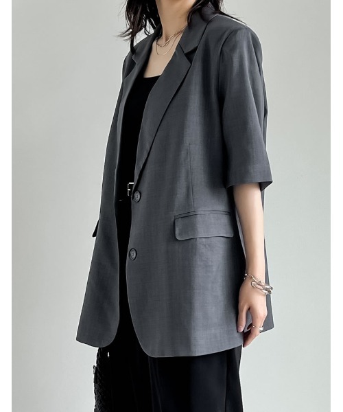 Re:EDIT（リエディ）の「リネンライク半袖テーラードジャケット（テーラードジャケット・レディース・ブラック/アイボリー/ブルー/チャコールグレー/ベージュ/イエロー/ブラウン・LARGE/MEDIUM）」の17枚目の写真