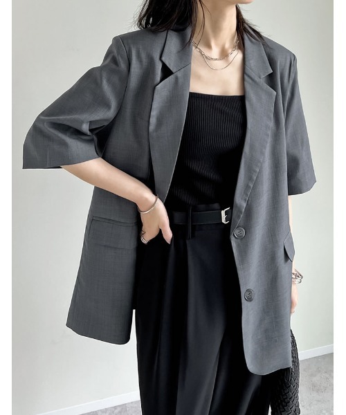 Re:EDIT（リエディ）の「リネンライク半袖テーラードジャケット（テーラードジャケット・レディース・ブラック/アイボリー/ブルー/チャコールグレー/ベージュ/イエロー/ブラウン・LARGE/MEDIUM）」の18枚目の写真