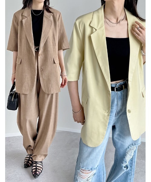 Re:EDIT（リエディ）の「リネンライク半袖テーラードジャケット（テーラードジャケット・レディース・ブラック/アイボリー/ブルー/チャコールグレー/ベージュ/イエロー/ブラウン・LARGE/MEDIUM）」の20枚目の写真