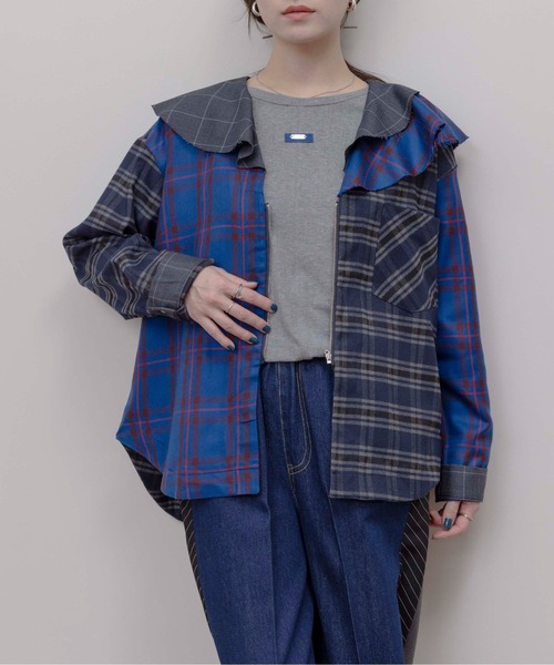 Eimee Law（エイミーロウ）の「フルカラーチェックジップシャツ（シャツ/ブラウス・レディース・ブラック/ブルー・FREE）」の2枚目の写真